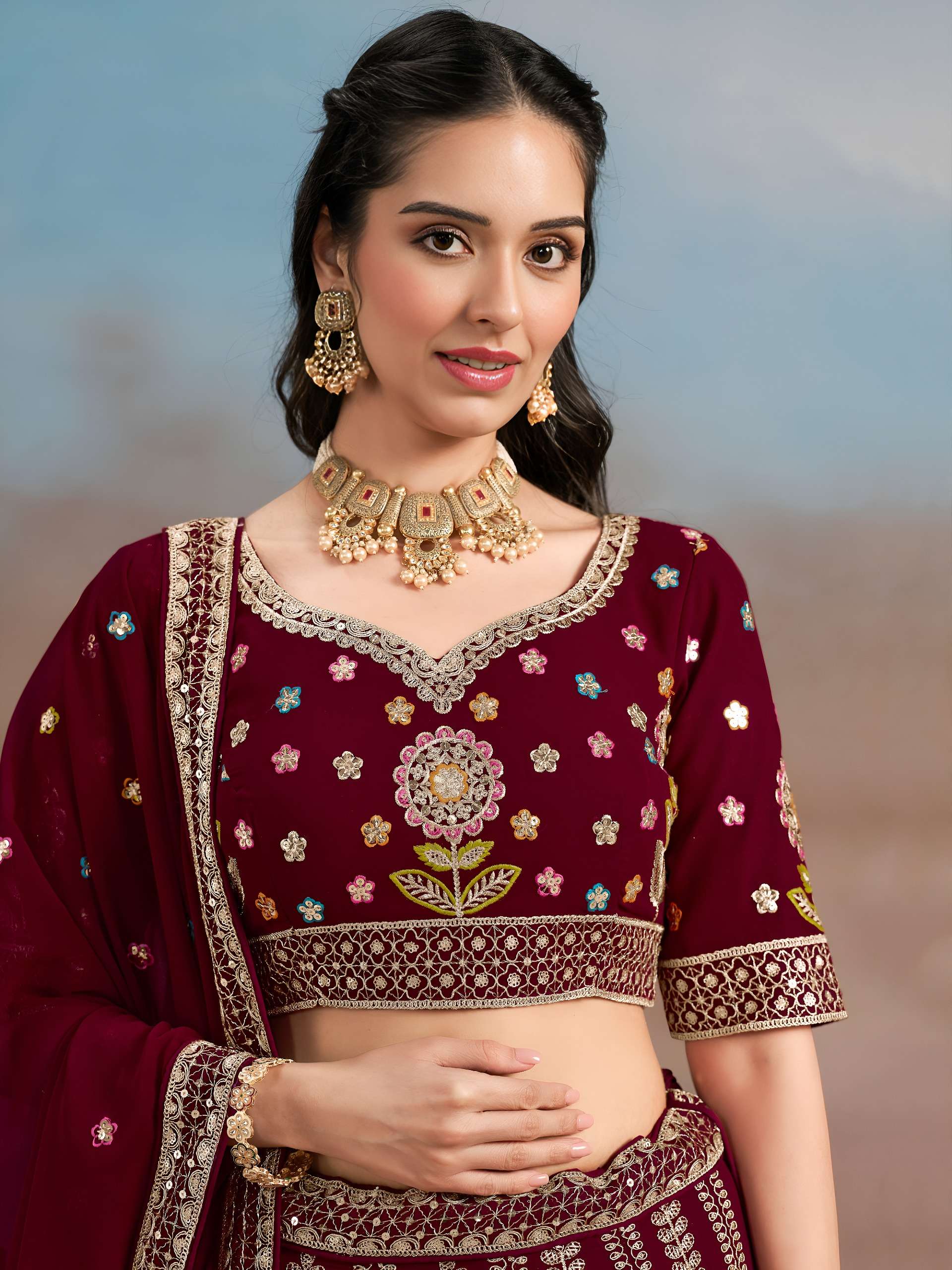 Regal Maroon Multicolor with Floral and Georgette fabric with Embroidered Lehenga Choli 6008 Maroon 